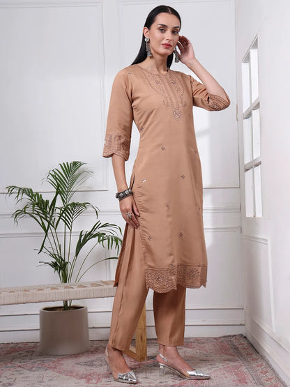 Beige Silk Blend Straight Kurta Dupatta Pant Set Cotton Lining Kurta