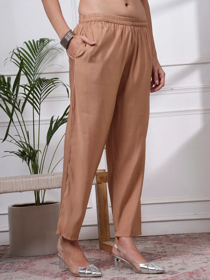 Beige Silk Blend Straight Kurta Dupatta Pant Set Cotton Lining Kurta