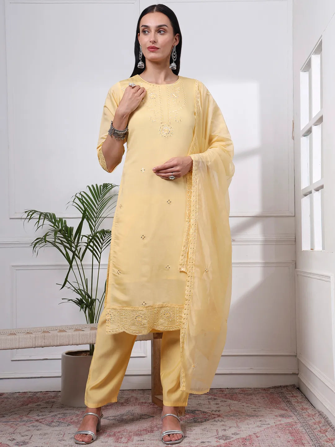 Butter Yellow Silk Blend Straight Kurta Dupatta Pant Set Cotton Lining Kurta