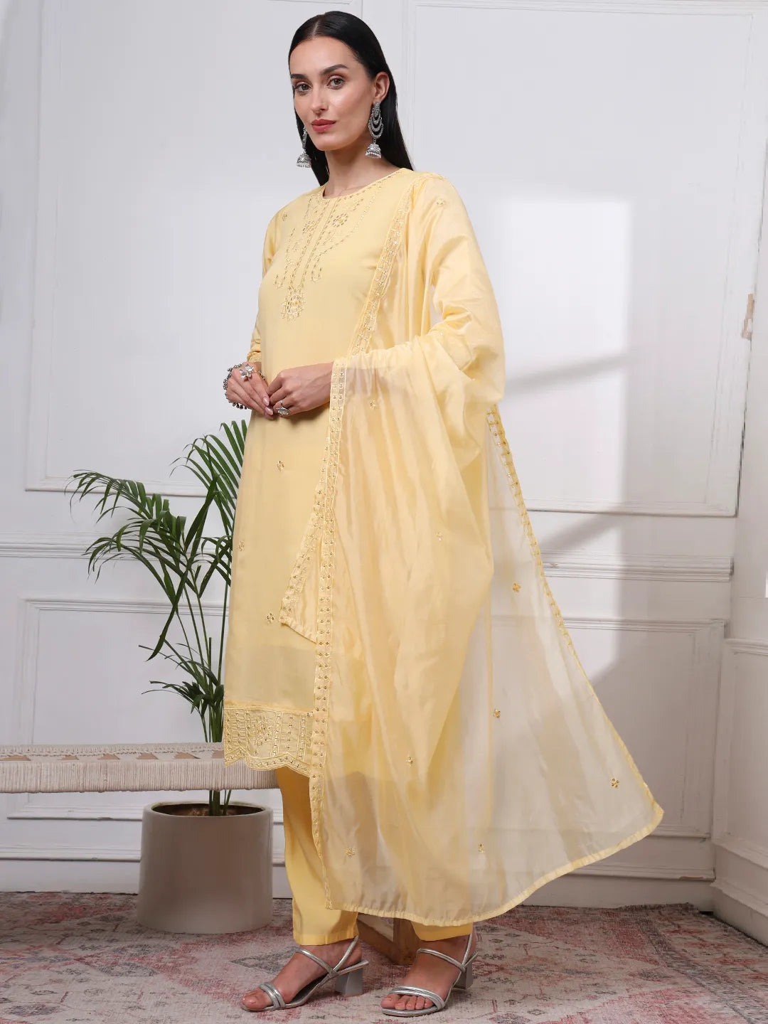 Butter Yellow Silk Blend Straight Kurta Dupatta Pant Set Cotton Lining Kurta