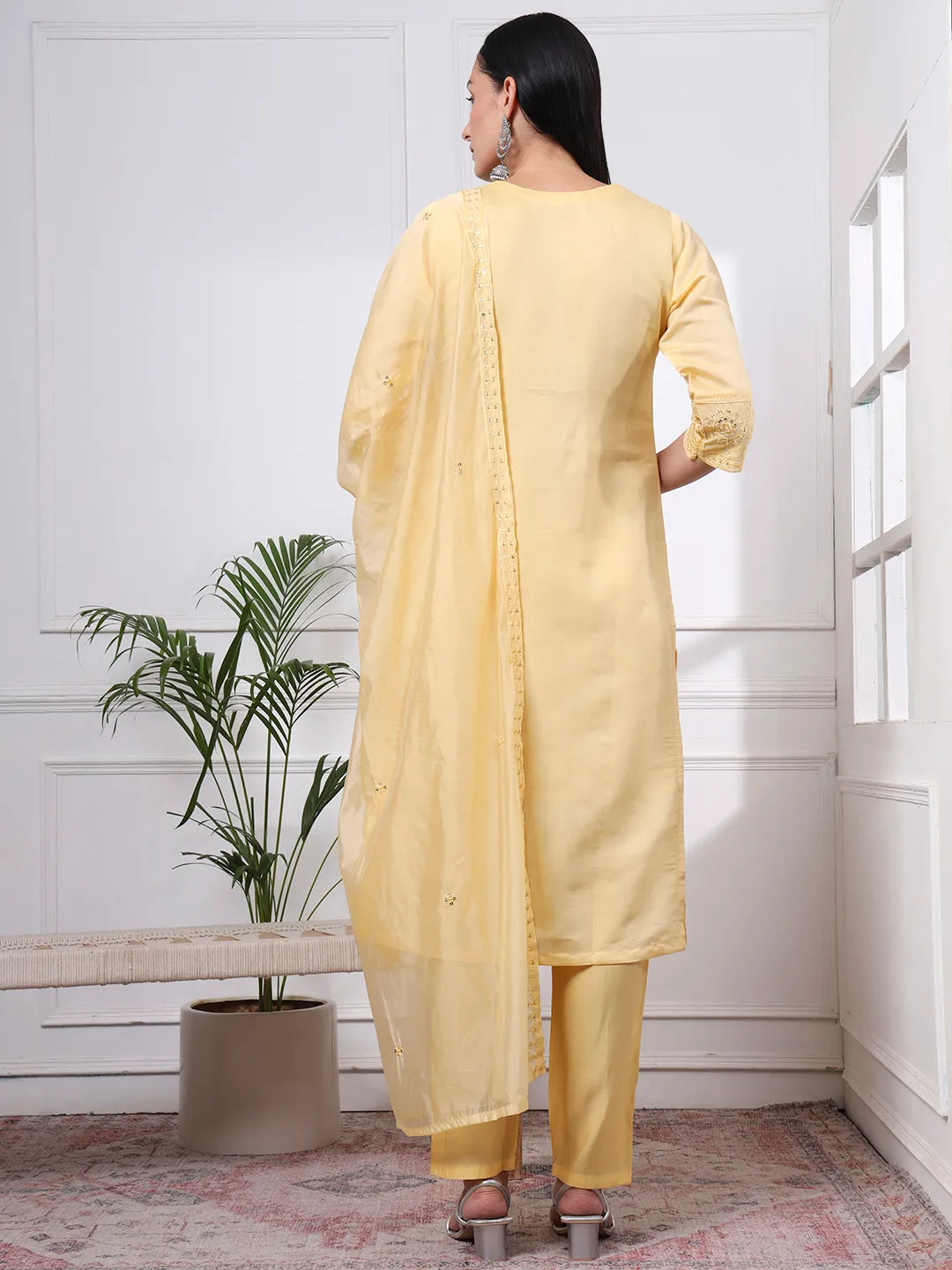 Butter Yellow Silk Blend Straight Kurta Dupatta Pant Set Cotton Lining Kurta