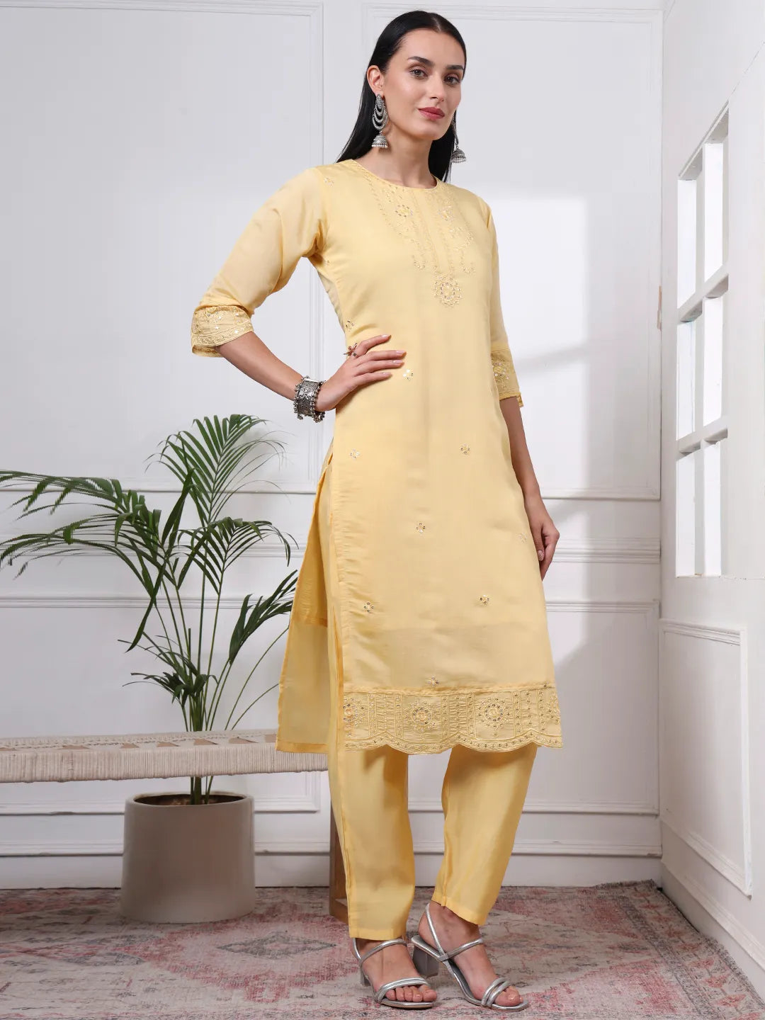 Butter Yellow Silk Blend Straight Kurta Dupatta Pant Set Cotton Lining Kurta