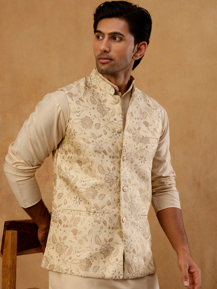 Men Floral Woven Silk Blend Nehru Jacket