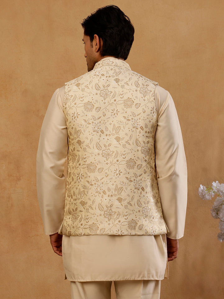 Men Floral Woven Silk Blend Nehru Jacket