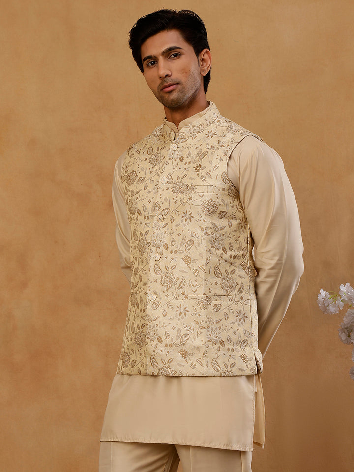 Men Floral Woven Silk Blend Nehru Jacket