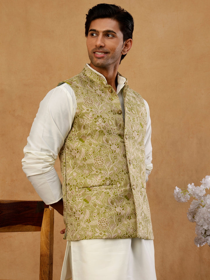 Men Floral Woven Silk Blend Nehru Jacket