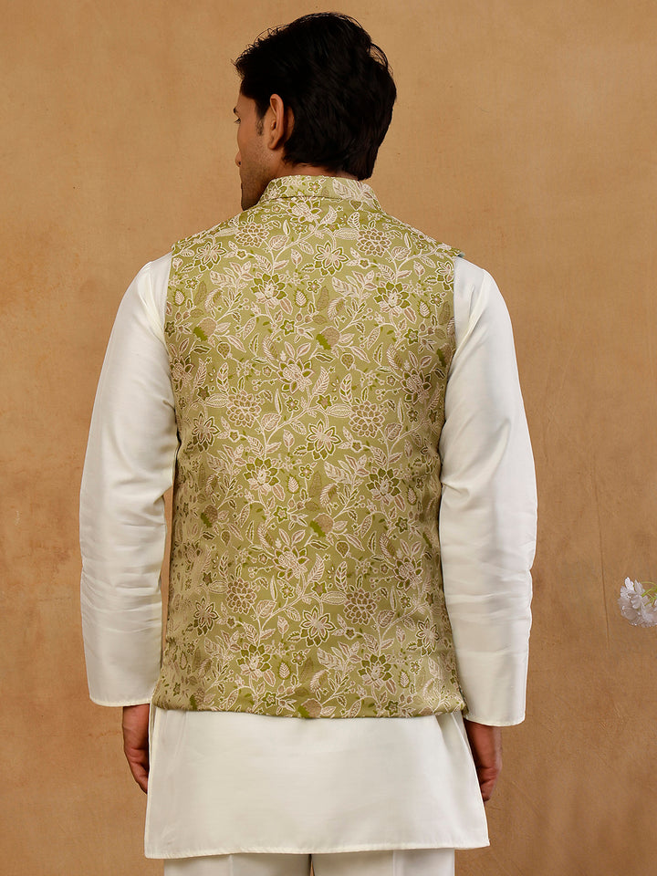Men Floral Woven Silk Blend Nehru Jacket