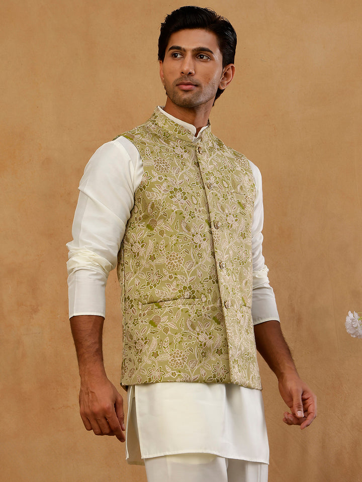 Men Floral Woven Silk Blend Nehru Jacket