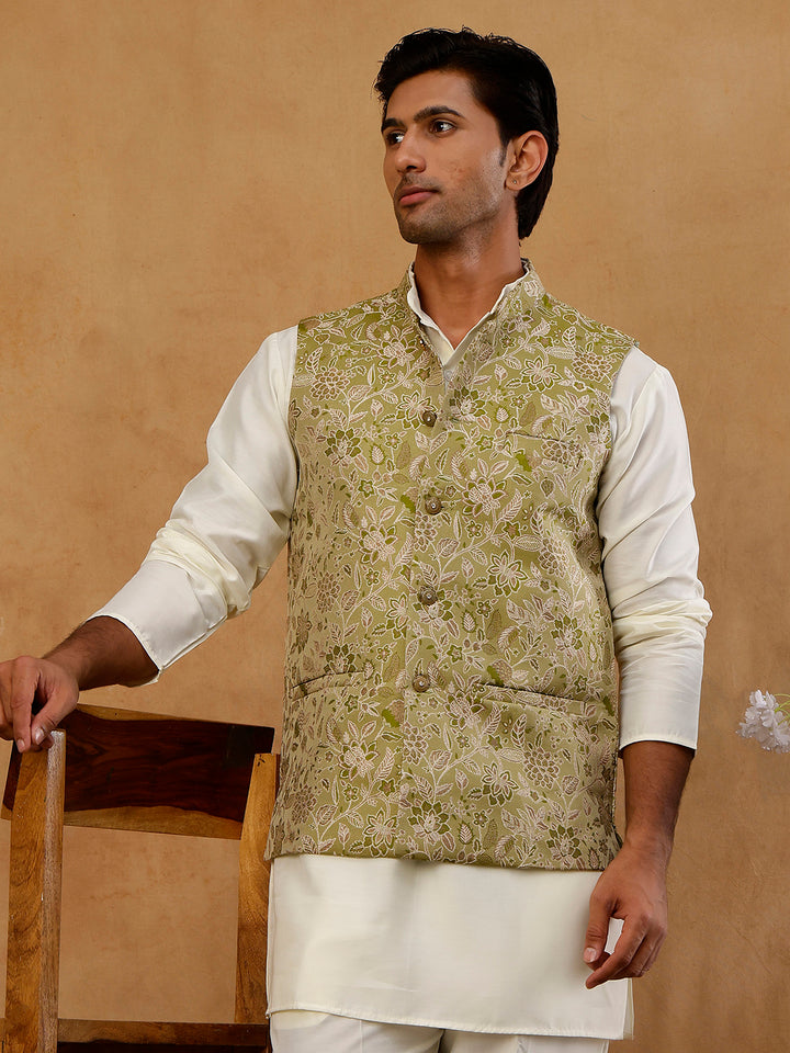 Men Floral Woven Silk Blend Nehru Jacket
