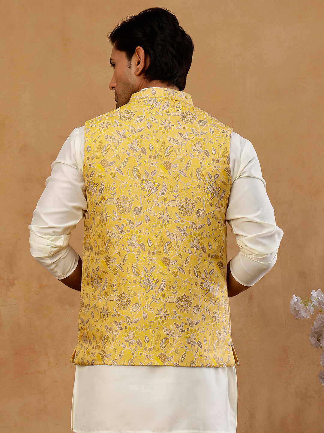 Men Floral Woven Silk Blend Nehru Jacket