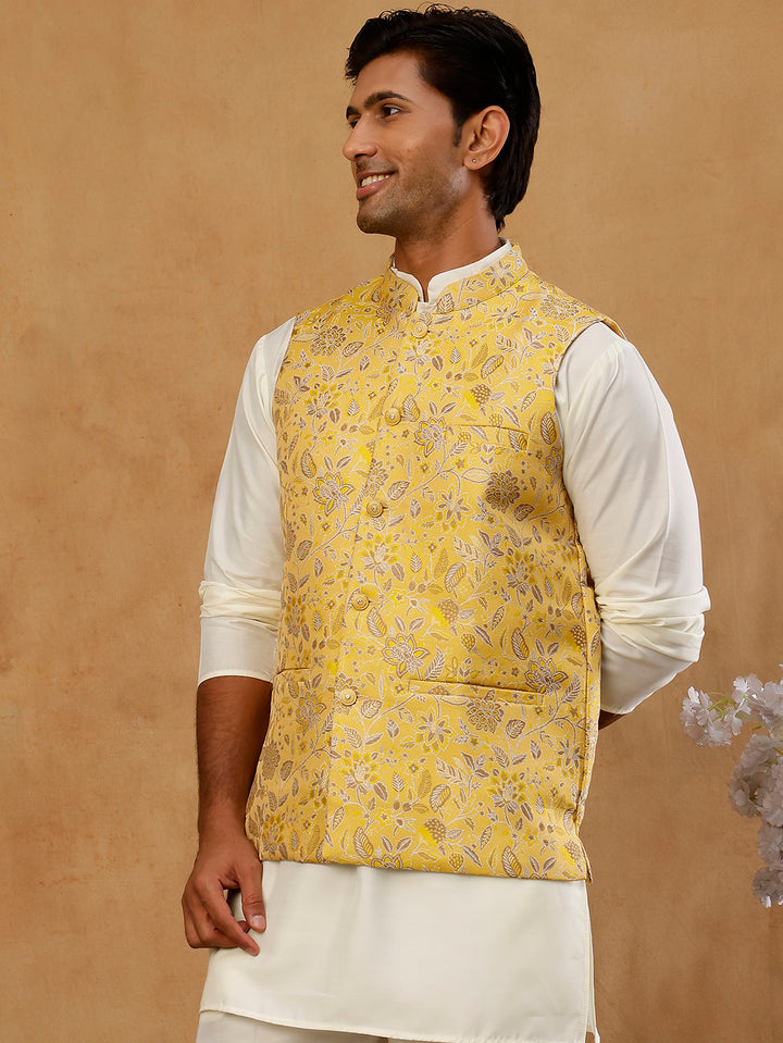 Men Floral Woven Silk Blend Nehru Jacket