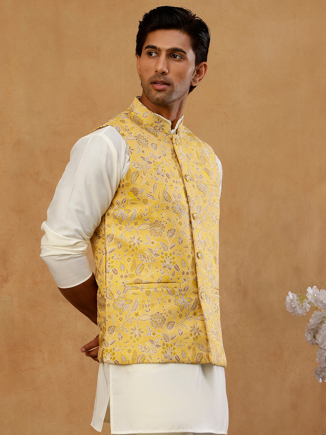 Men Floral Woven Silk Blend Nehru Jacket