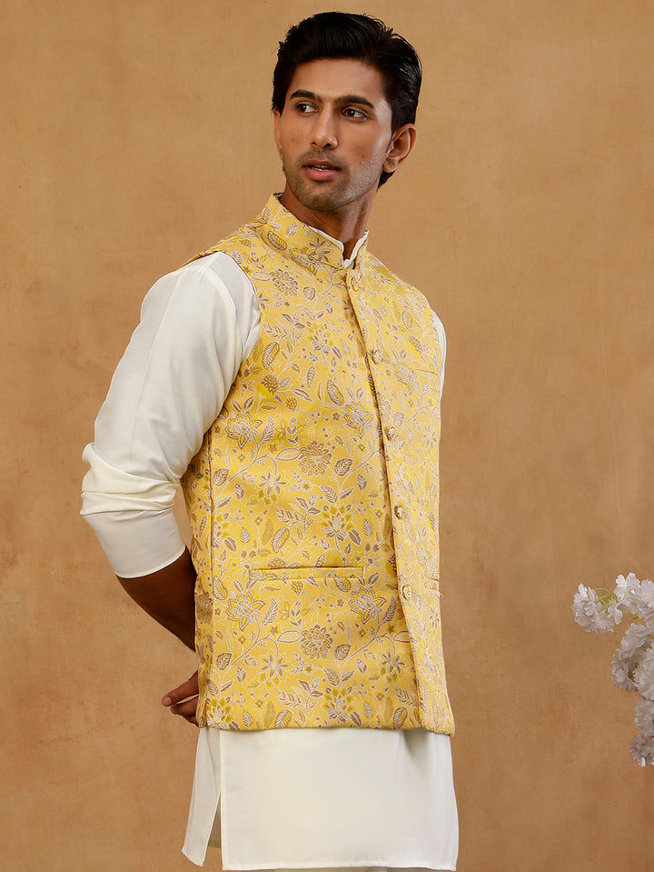 Men Floral Woven Silk Blend Nehru Jacket