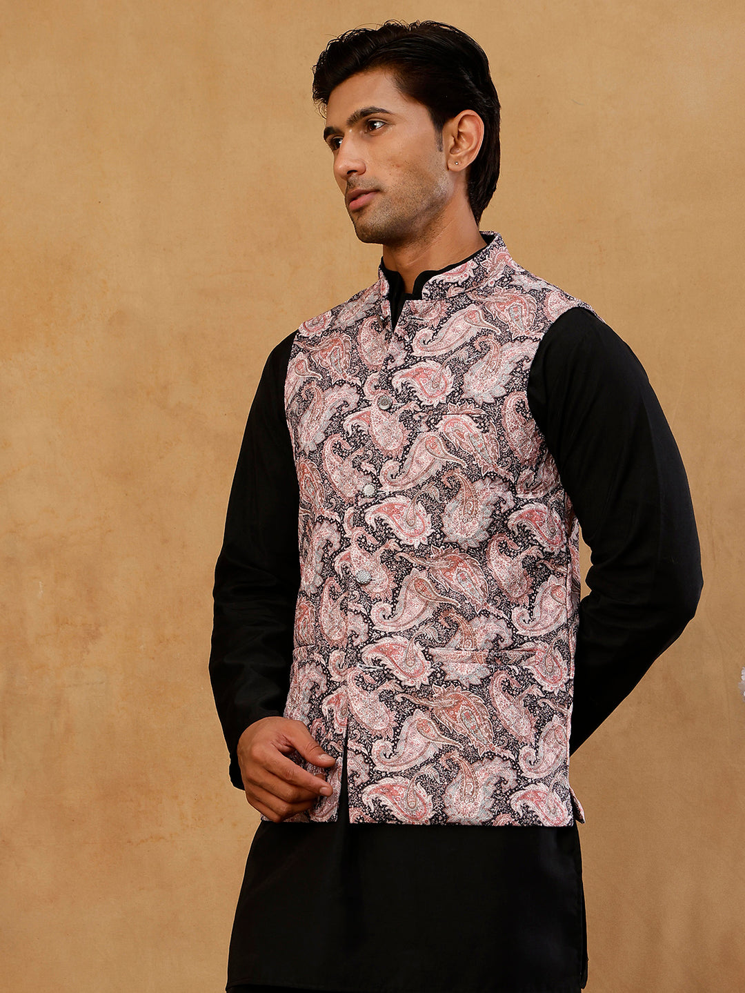Men Paisley Embroidered Cotton Blend Nehru Jacket
