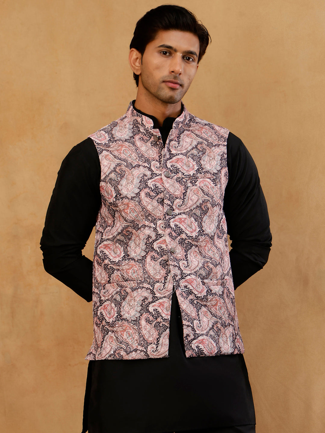 Men Paisley Embroidered Cotton Blend Nehru Jacket