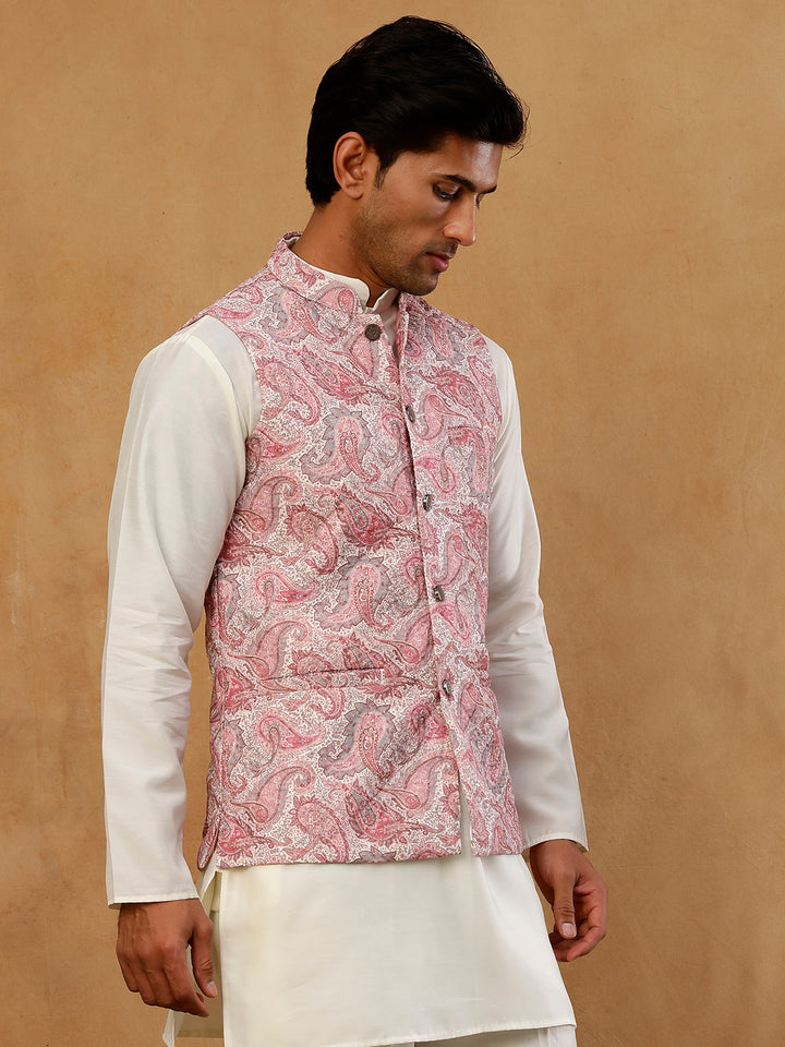 Men Paisley Embroidered Cotton Blend Nehru Jacket