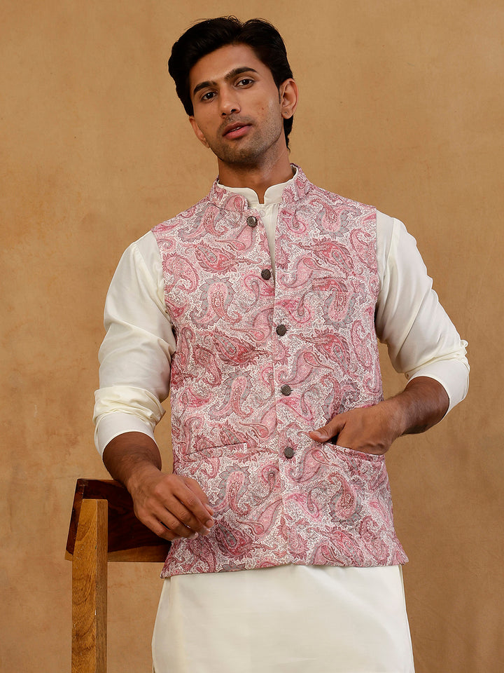 Men Paisley Embroidered Cotton Blend Nehru Jacket