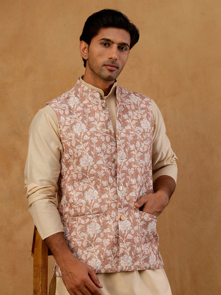 Men Floral Embroidered Cotton Blend Nehru Jacket
