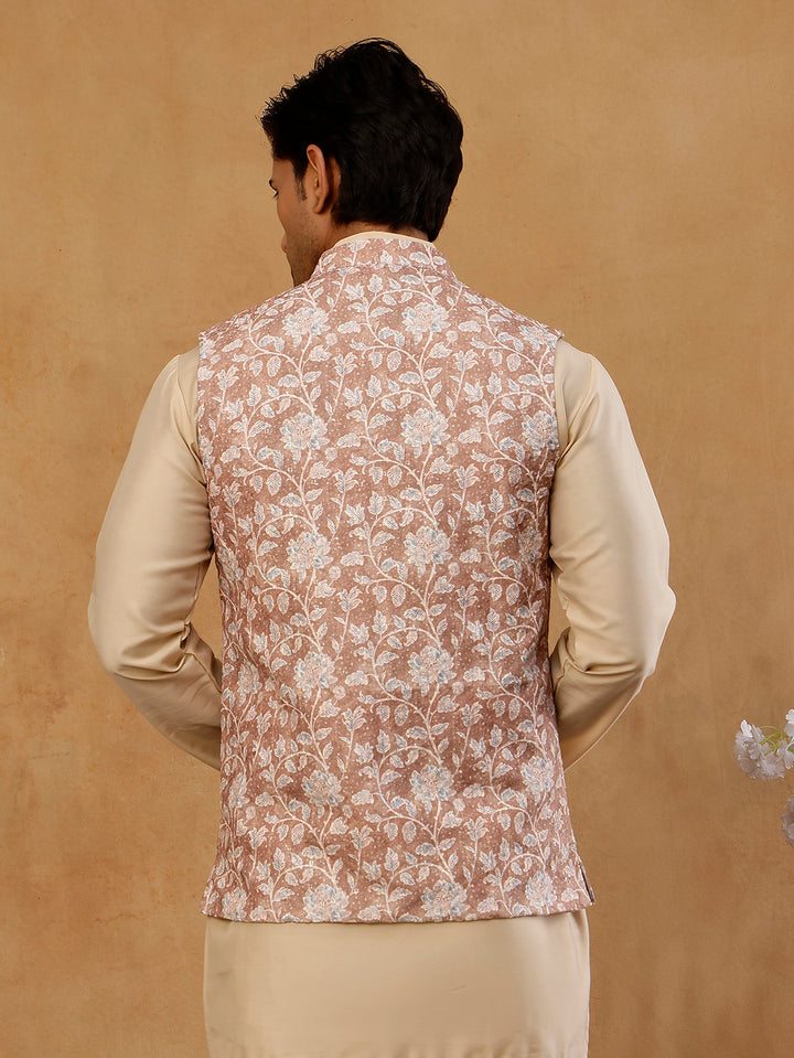 Men Floral Embroidered Cotton Blend Nehru Jacket