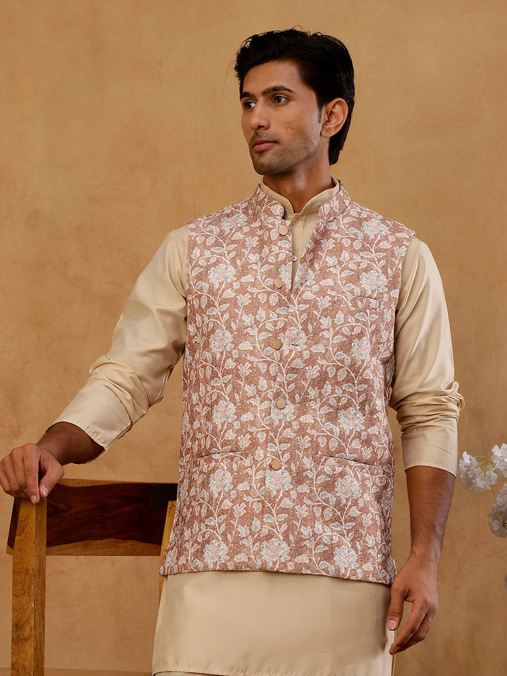 Men Floral Embroidered Cotton Blend Nehru Jacket
