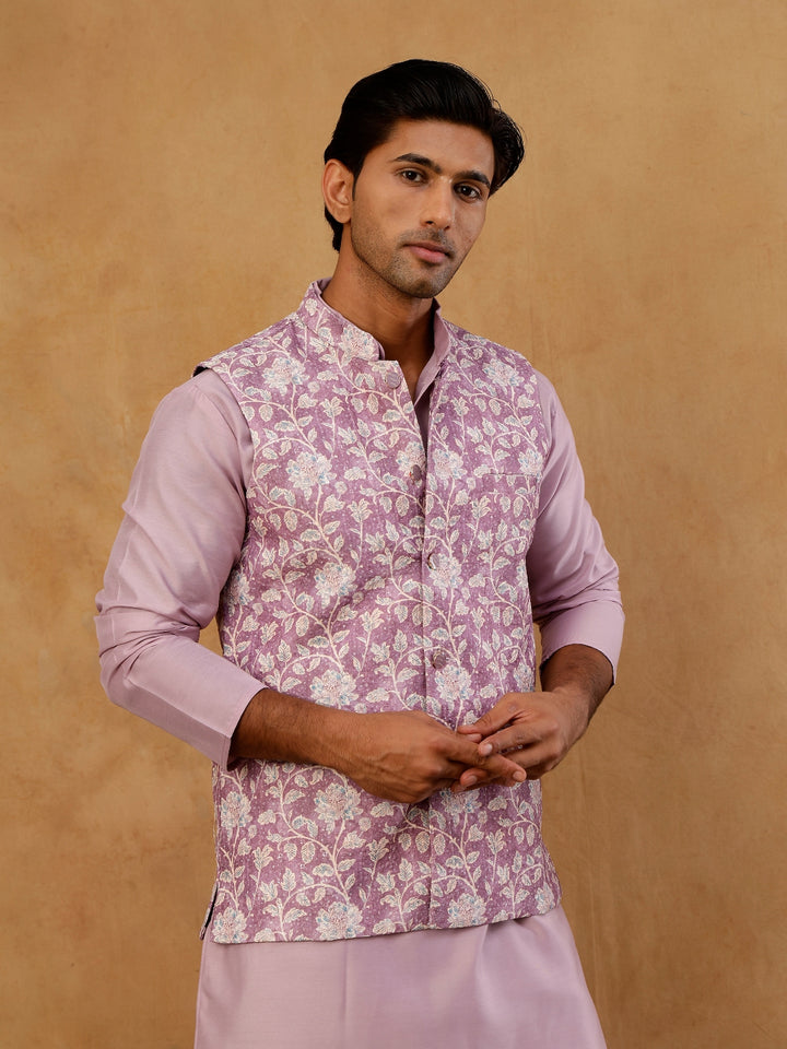Men Floral Embroidered Cotton Blend Nehru Jacket