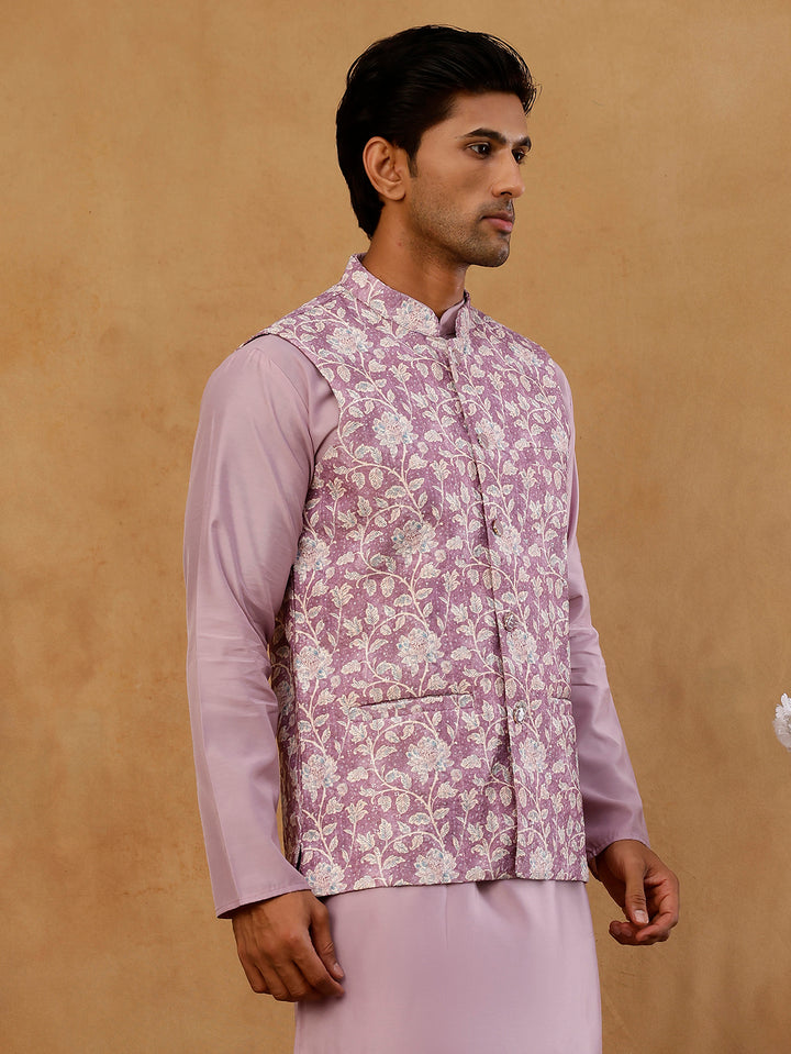 Men Floral Embroidered Cotton Blend Nehru Jacket