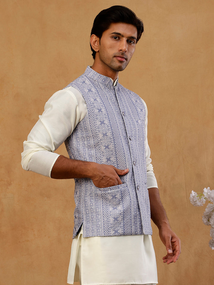 Traditional Woven Design Cotton Blend Nehru Jacket