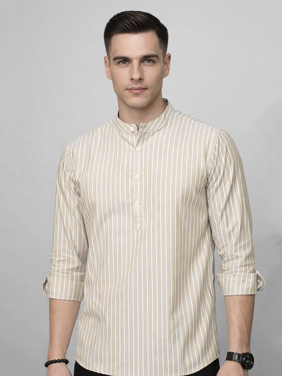 Men’S Beige Striped Short Kurta