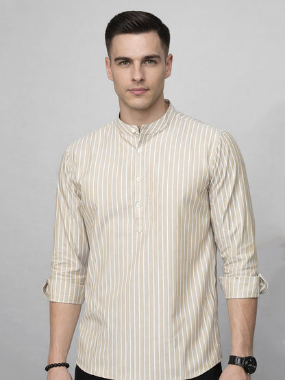 Men’S Beige Striped Short Kurta