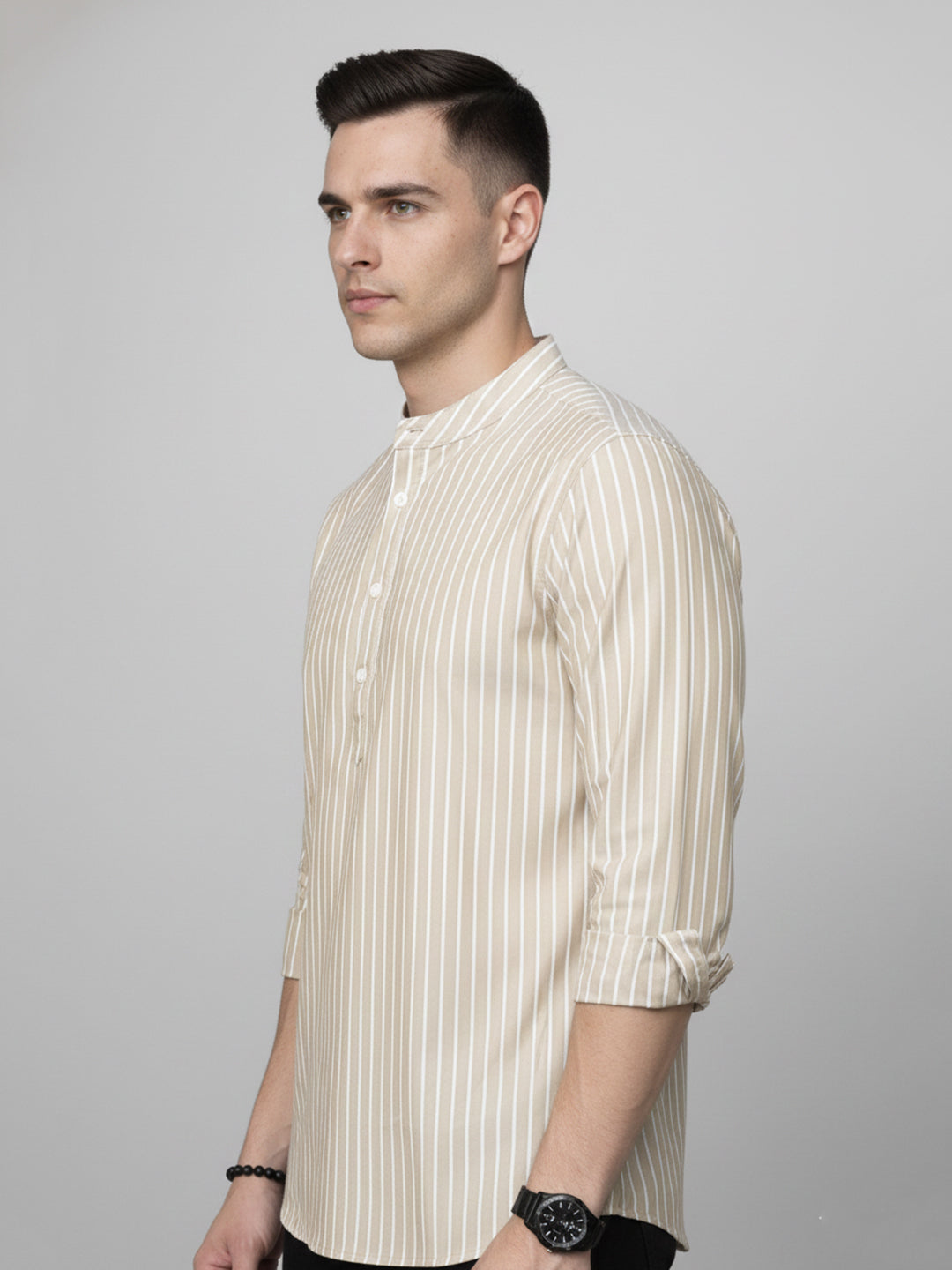 Men’S Beige Striped Short Kurta