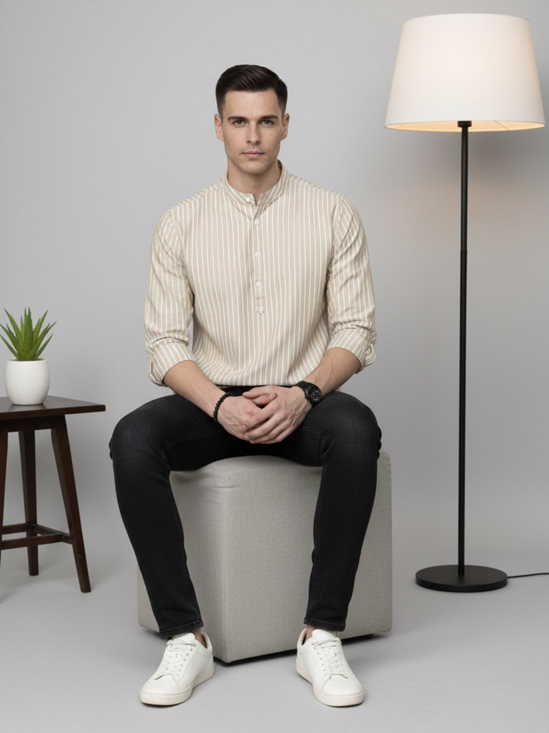 Men’S Beige Striped Short Kurta