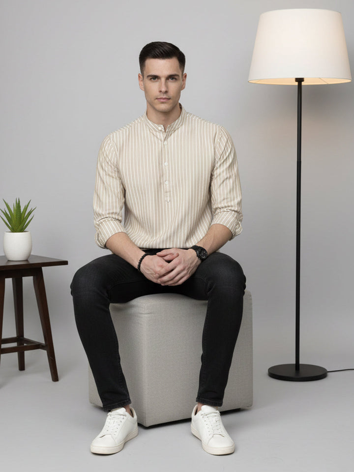 Men’S Beige Striped Short Kurta