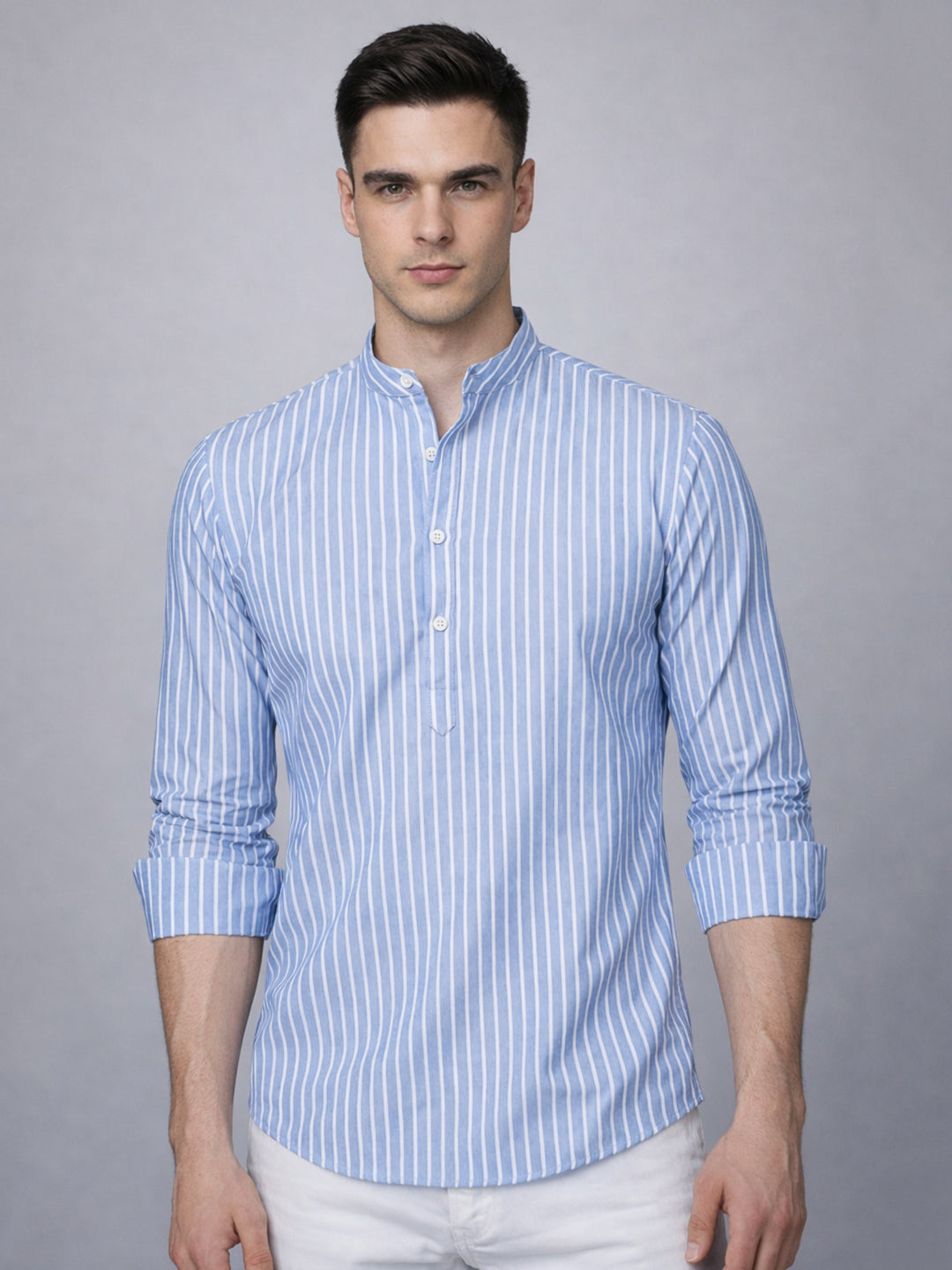 Men’S Blue Striped Short Kurta