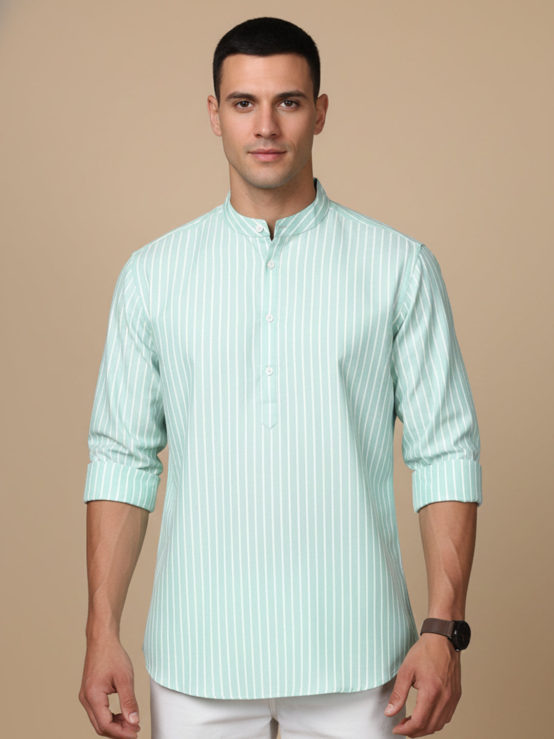 Men’S Green Striped Short Kurta