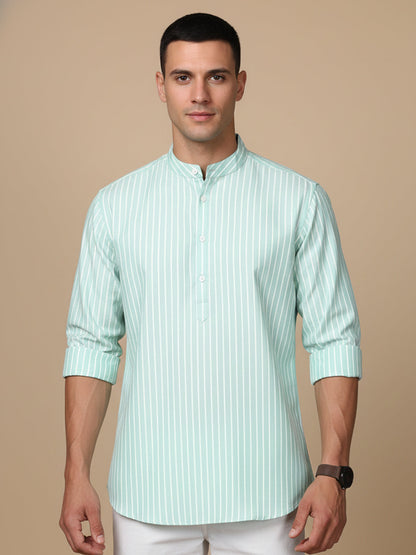 Men’S Green Striped Short Kurta