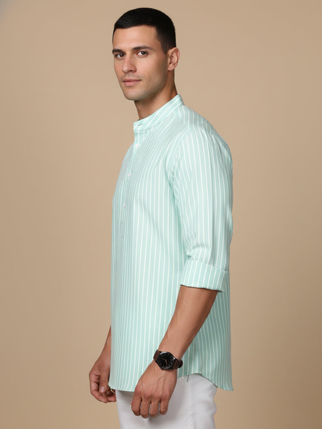 Men’S Green Striped Short Kurta