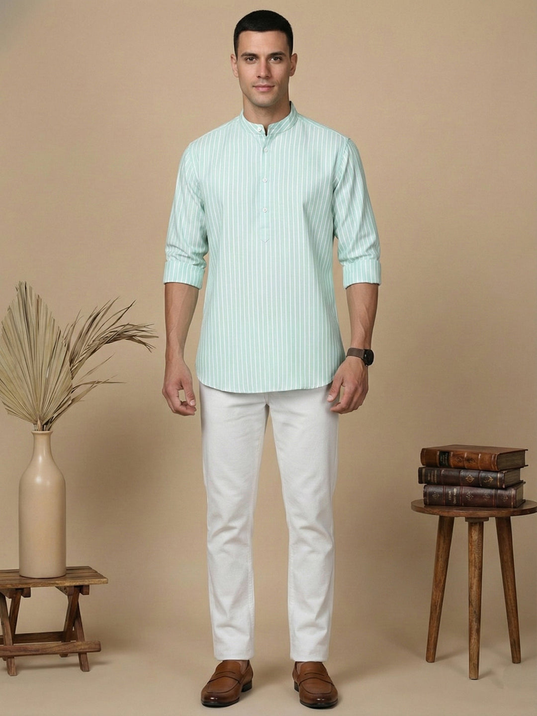 Men’S Green Striped Short Kurta