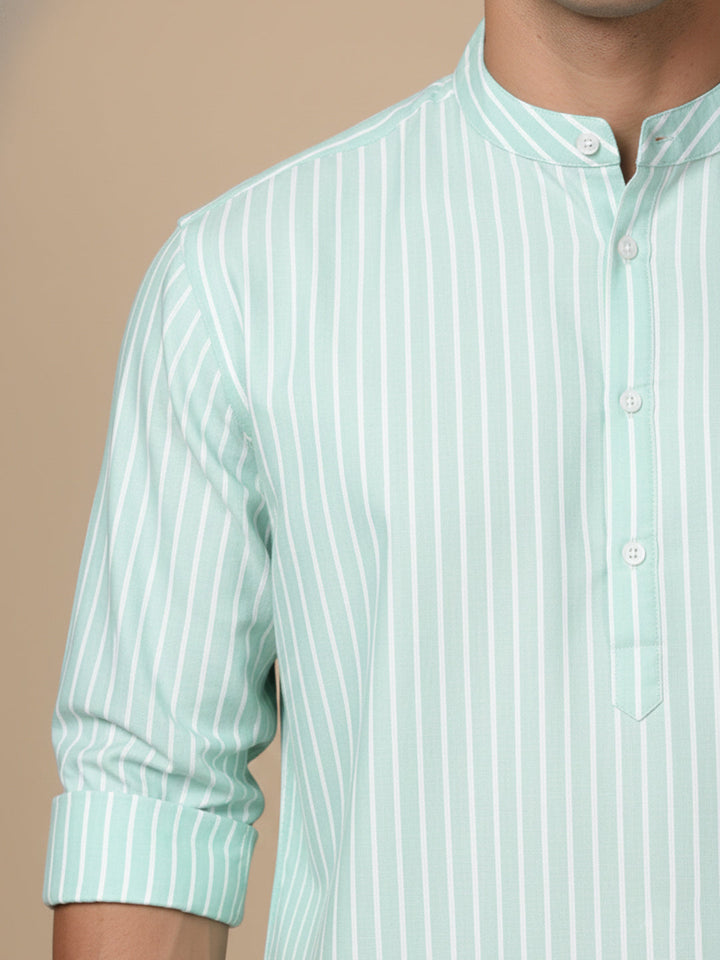 Men’S Green Striped Short Kurta