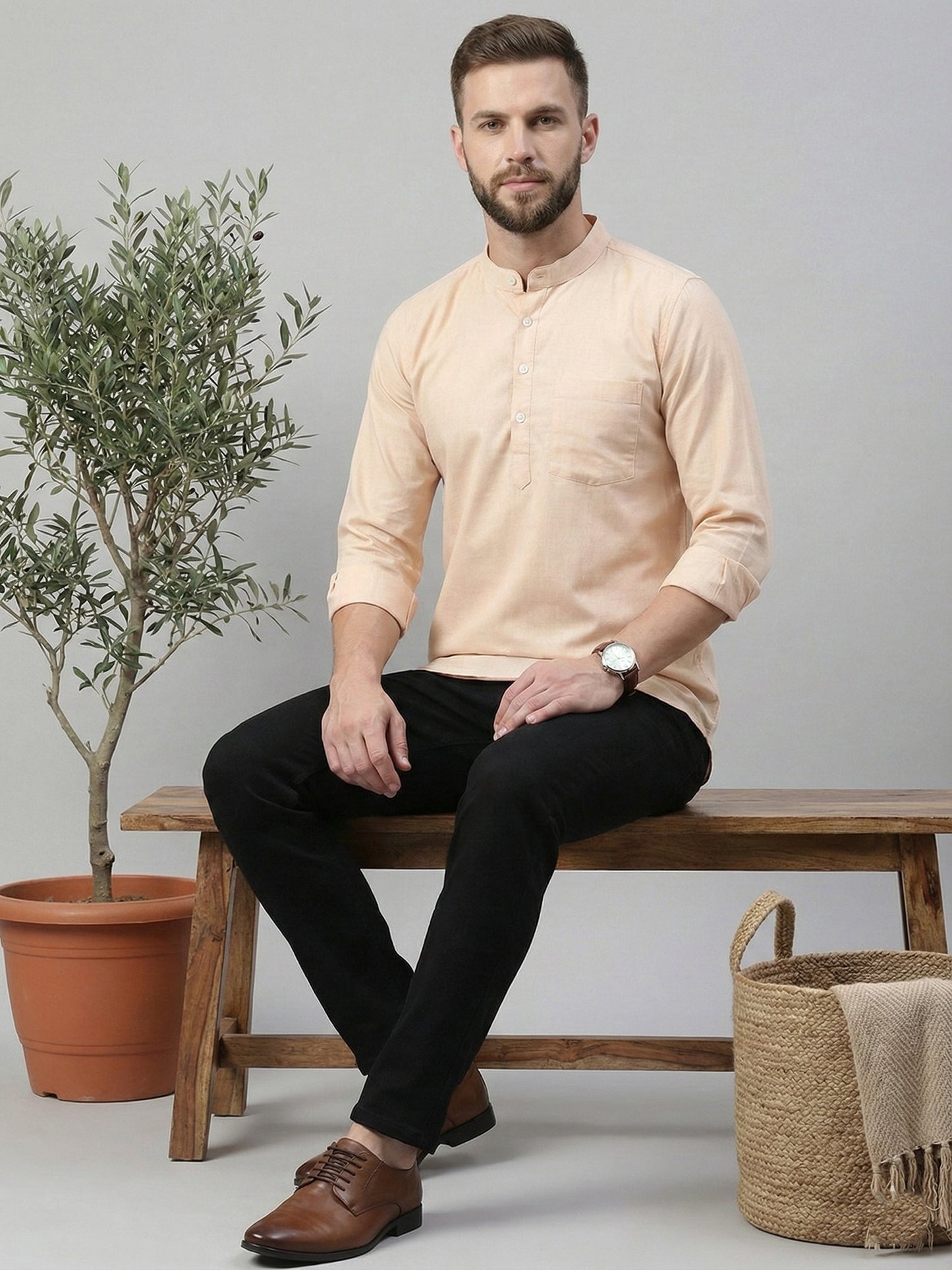Solid Cotton Blend Short Kurta