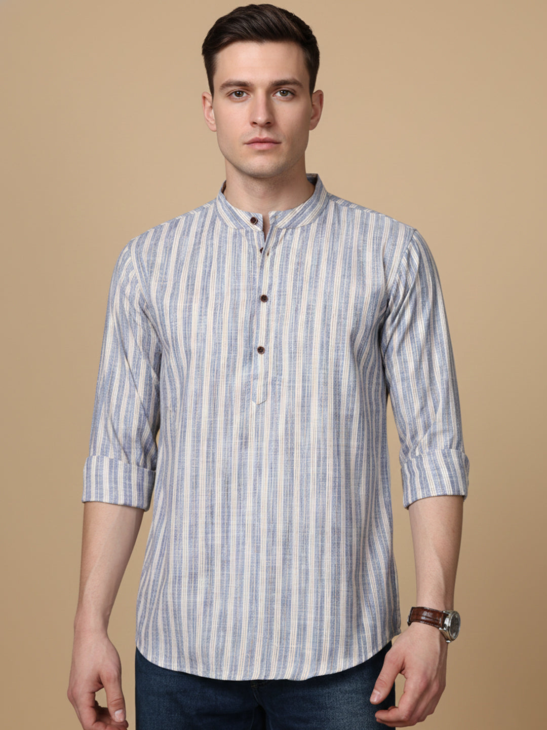 Cotton Blend Blue Striped Short Kurta