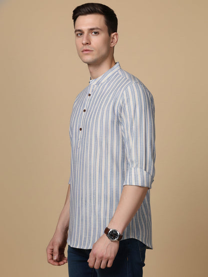 Cotton Blend Blue Striped Short Kurta