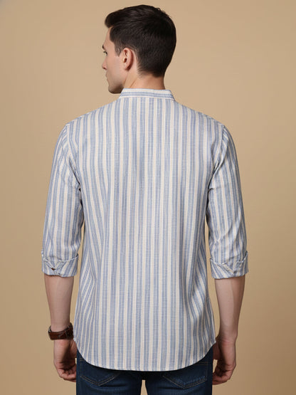 Cotton Blend Blue Striped Short Kurta
