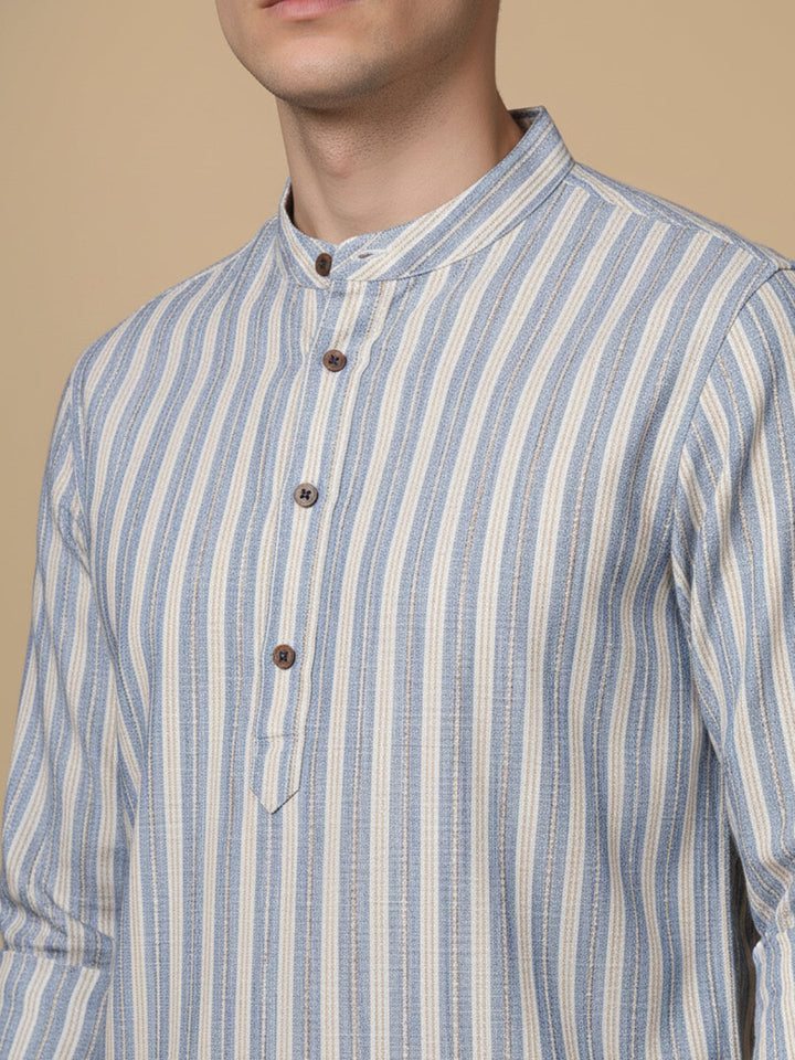 Cotton Blend Blue Striped Short Kurta