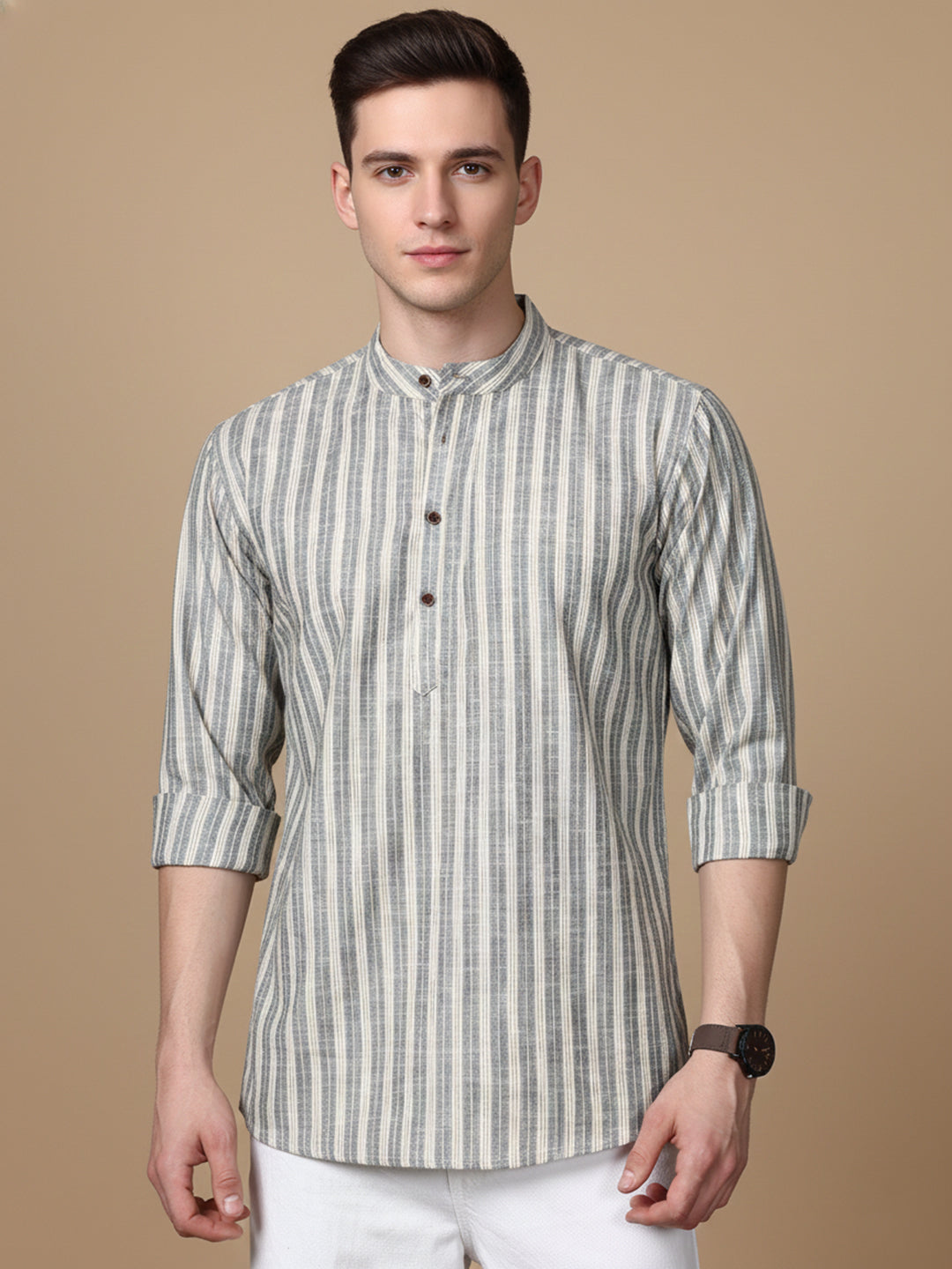 Cotton Blend Grey Striped Short Kurta