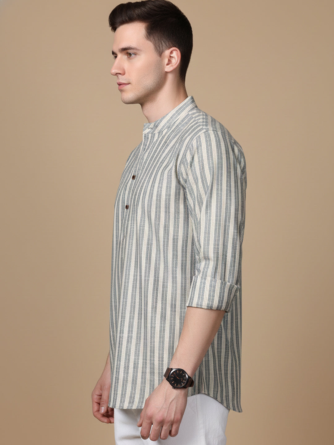 Cotton Blend Grey Striped Short Kurta