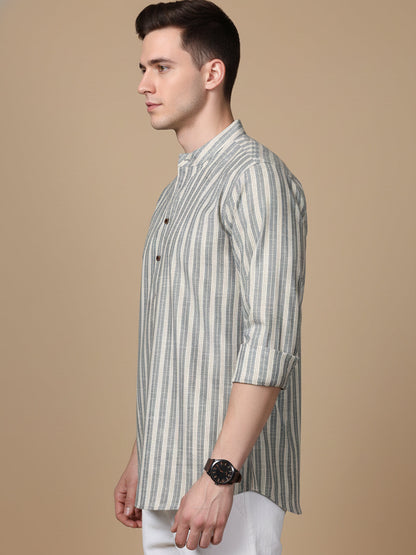 Cotton Blend Grey Striped Short Kurta