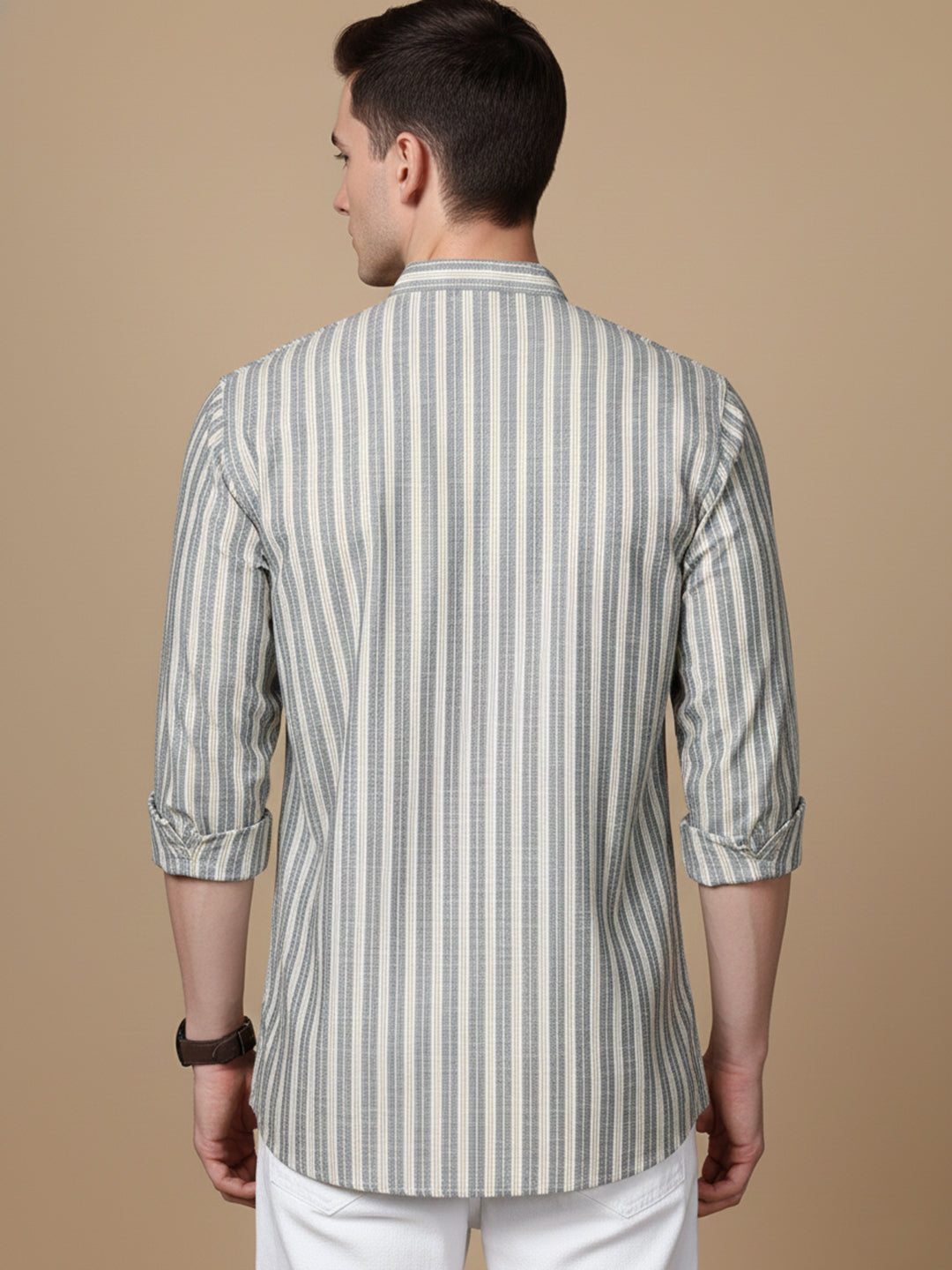 Cotton Blend Grey Striped Short Kurta
