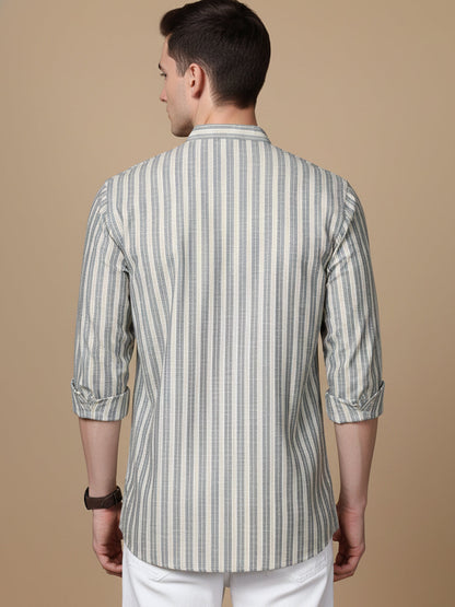 Cotton Blend Grey Striped Short Kurta
