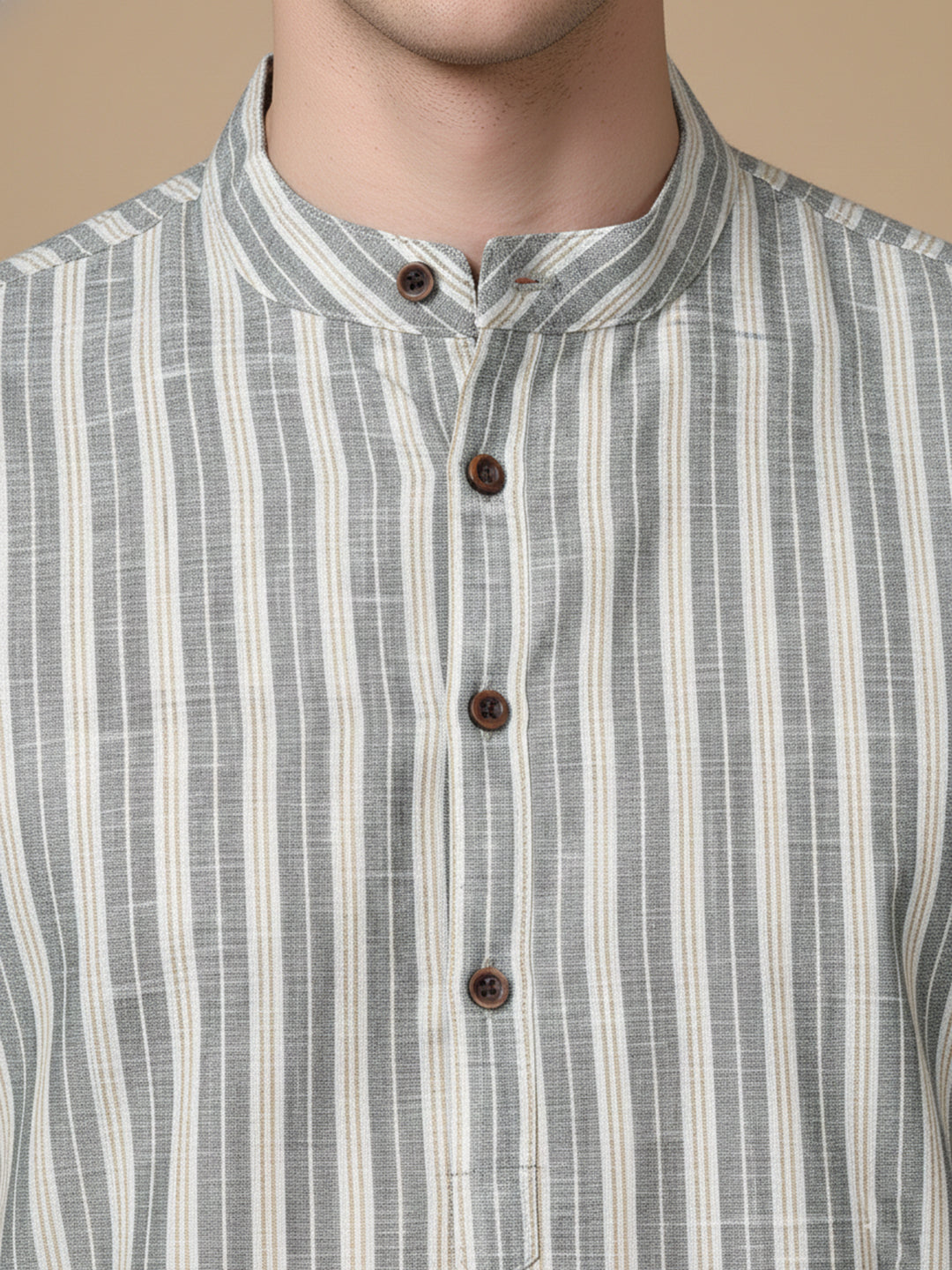 Cotton Blend Grey Striped Short Kurta
