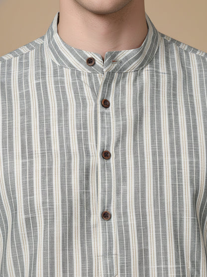 Cotton Blend Grey Striped Short Kurta